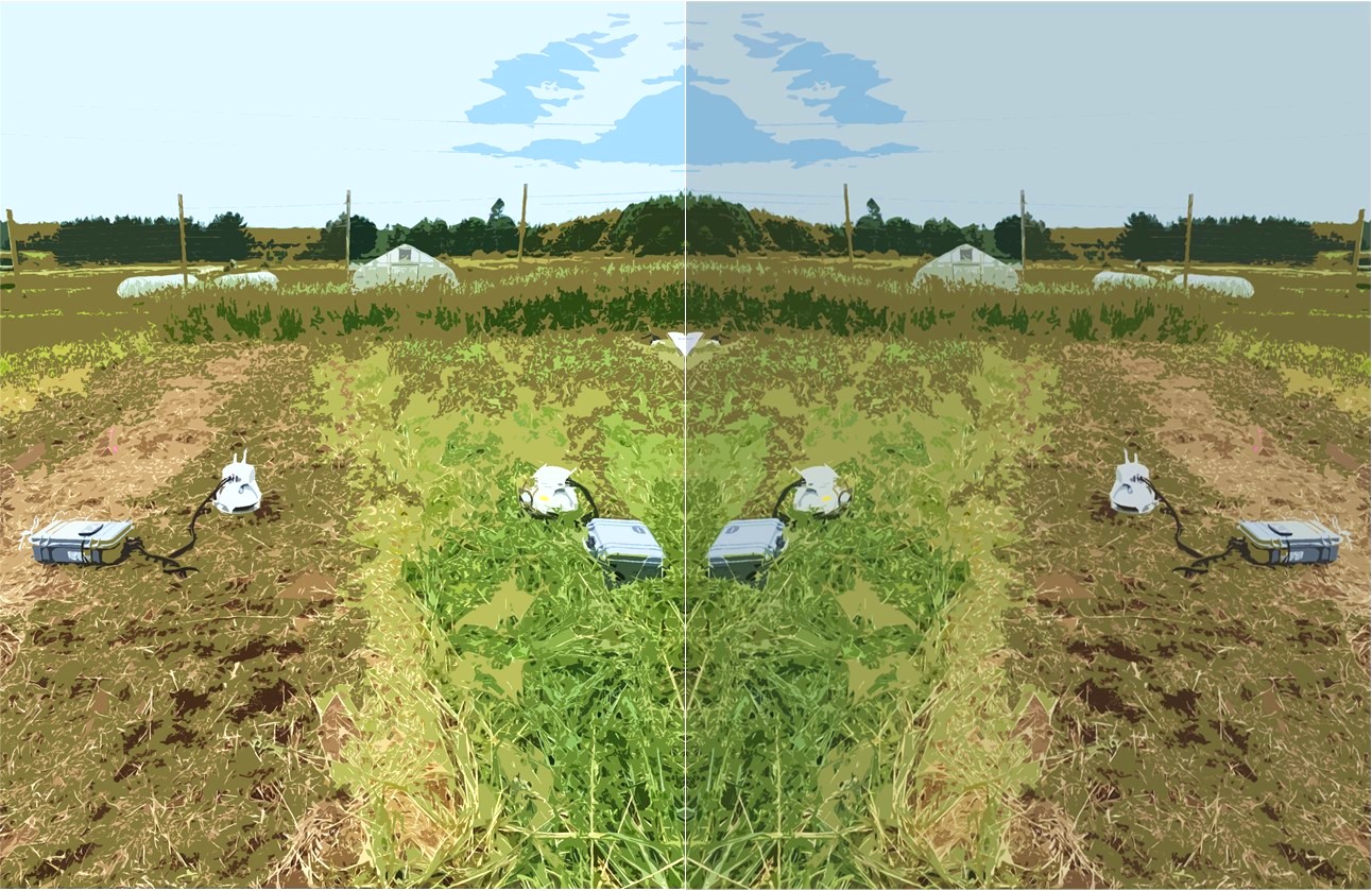 "Artistic rendering of a photo taken of a greenhouse gas analyzer in a reduced tillage study plot at MSU-UPREC.